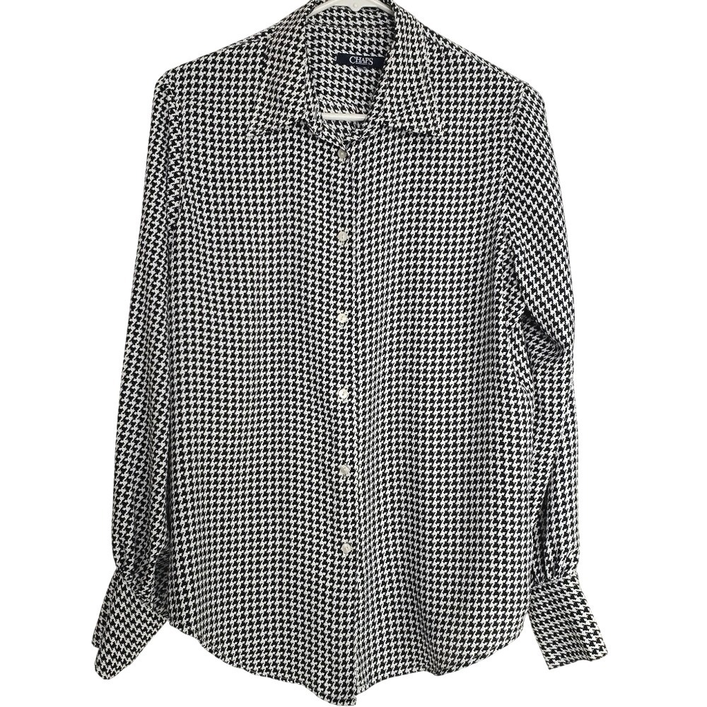 Chaps Houndstooth Long Sleeve Black White Satin Button Up Preppy Cuffed SZ:M